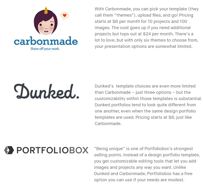 Comparison of Carbonmade, Dunked, and Portfoliobox